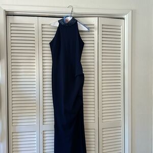 Chiara Boni la petit robe slavnika beaded neck halter gown navy